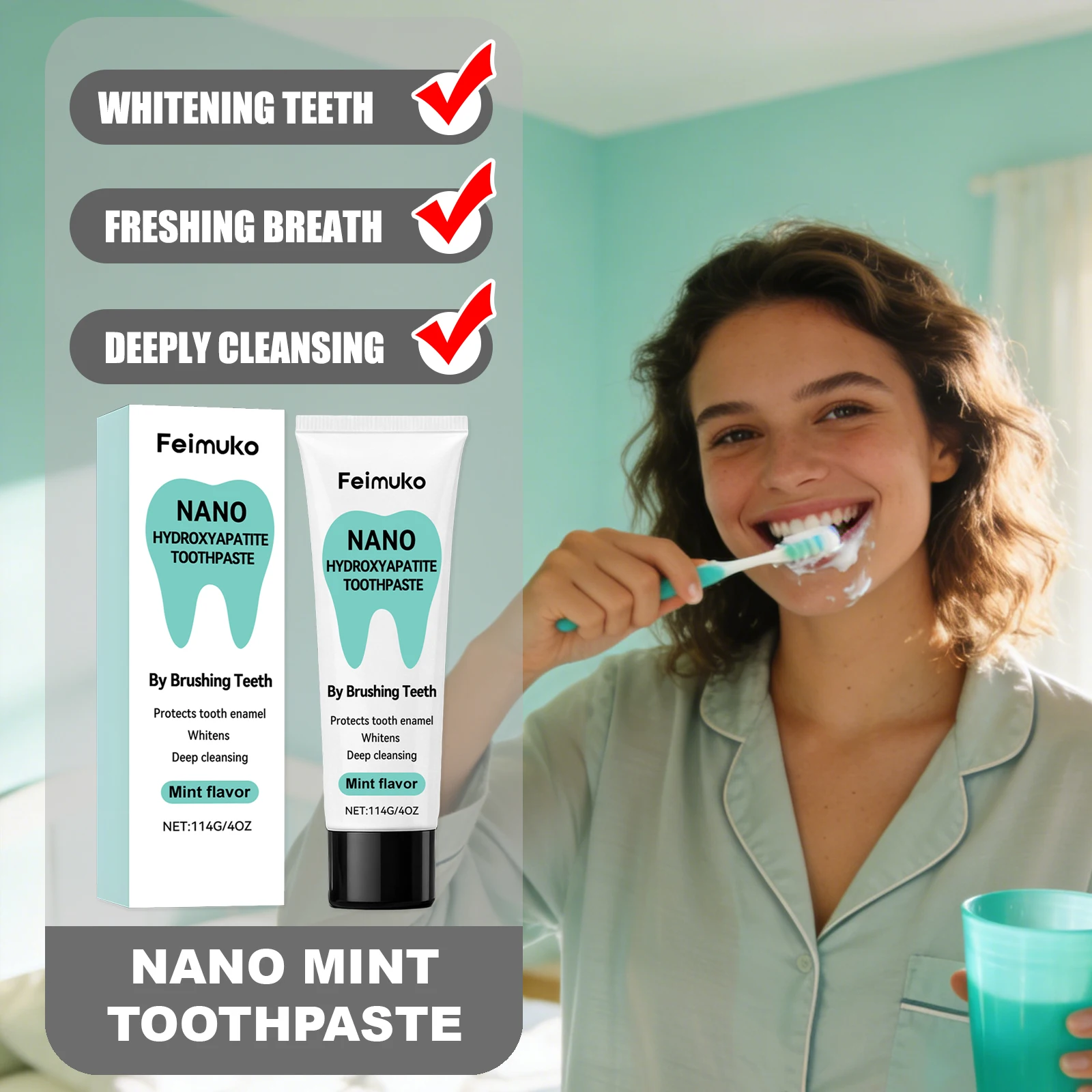 

Зубная паста Feimuko Nano Mint, насыщенная вспененная, помогает осветляет зубы, долговечная, свежее дыхание, забощает зубы на каждый день