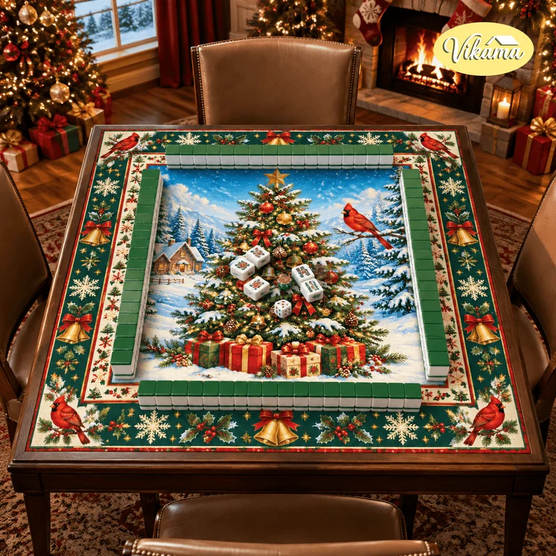 VIKAMA Christmas Tree and Cardinal Mahjong Table Mat, Non-Slip Game Mat with Holly, Snowflakes, and Bells Pattern, Home Decor