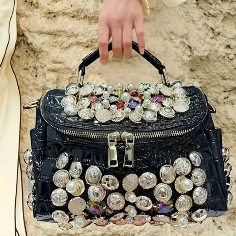 

Black Croc Patent Leather Top Handle Handbag Oversized Pearl & Metal Button Embellished Vintage Luxury Crossbody Purse