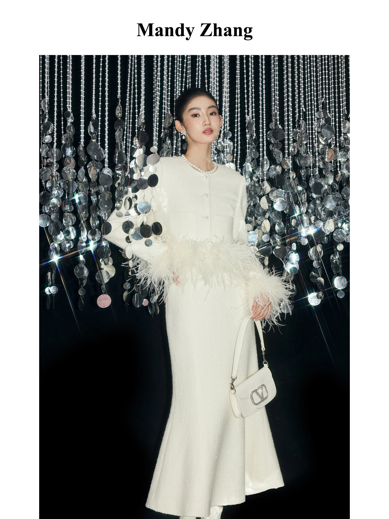 

MandyZhang Luxury Short Coat Women's Removable Ostrich Feather Wool Blend Straight Cut Fashionable Pearl Embellished Outerwear