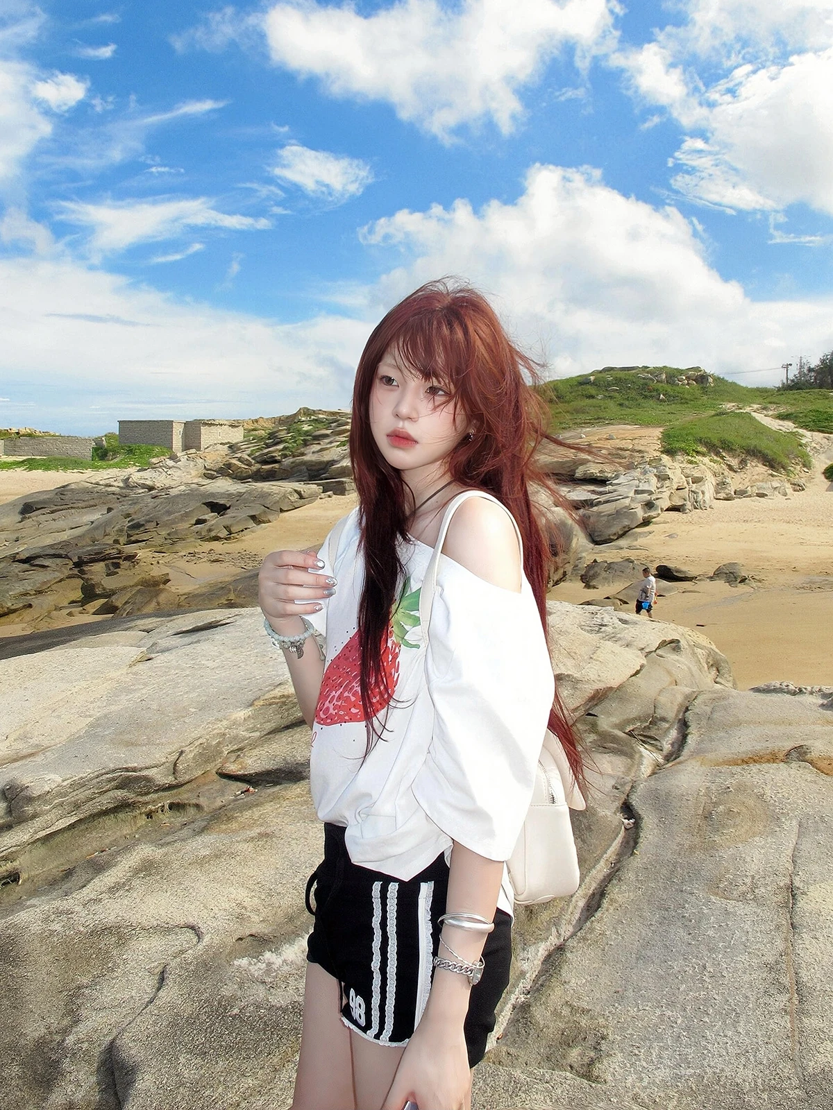 

Корейская футболка Sle Ort Sve с принтом Сакура Stberry Jam, милый принт с открытыми плечами, утягивающий сексуальный летний топ свободного покроя для девочек