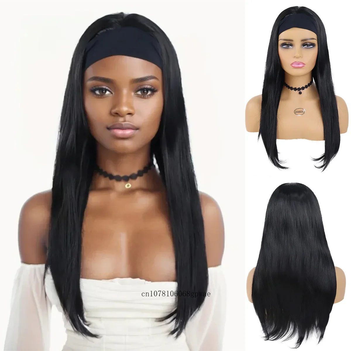 Synthetic Women's Headband Wig Long Black Wigs for Women Lady Natural Straight Scarf Wig Daily Cosplay Party Use Heat Resistant