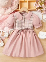 Summer Little Girls Casual Plaid Dress Girls Cute Short Sleeve Cotton Clothes Baby Toddler 2-6 Years Old Princess Dress