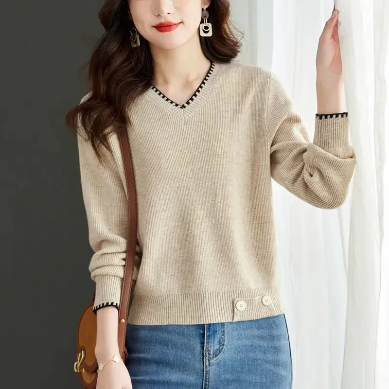 Autumn Winter Women\'s Solid Color V-Neck Pullover Button Long Sleeve Screw Thread Sweater Knitted Elegant Office Lady Tops