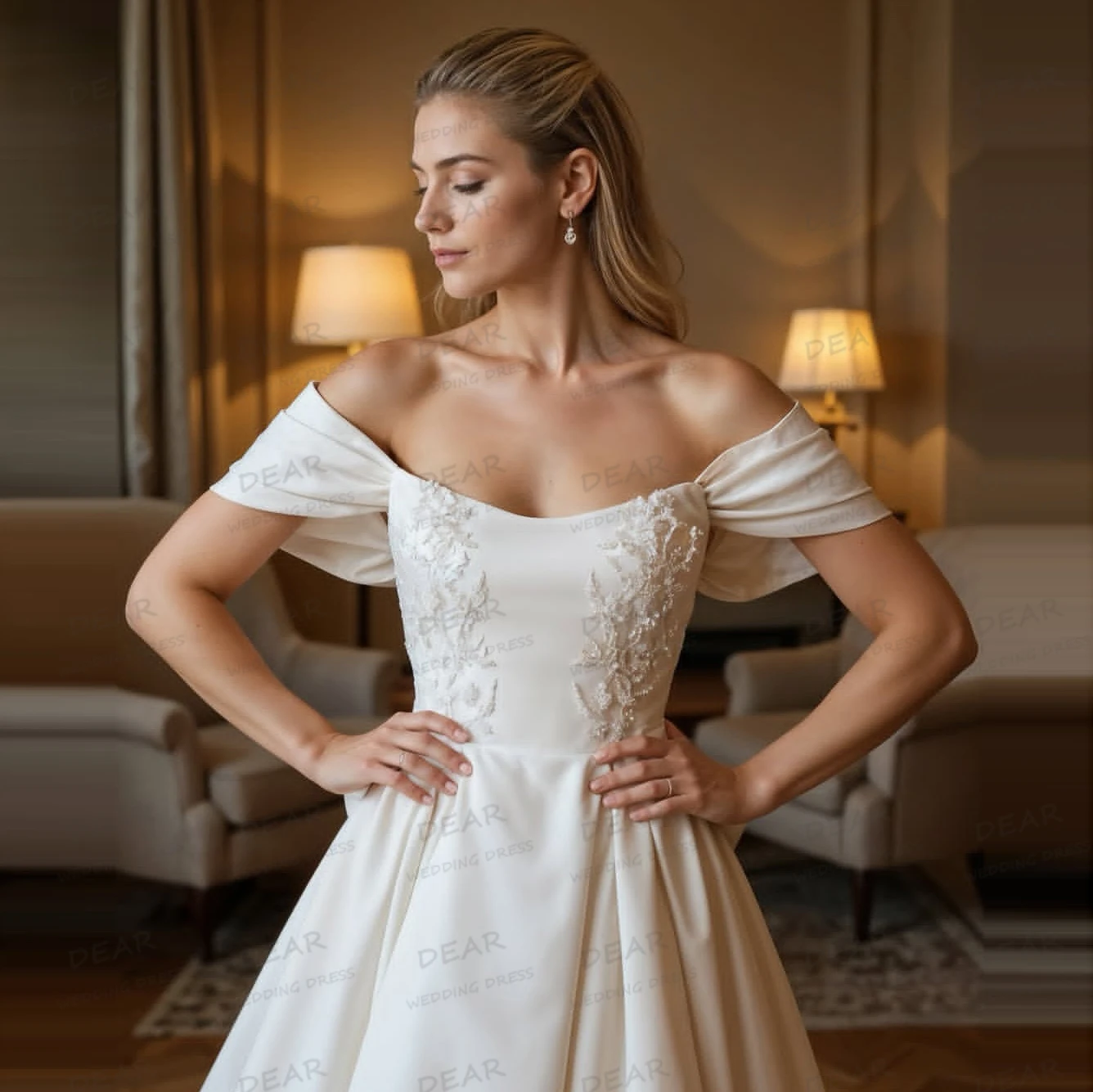 

Simple Wedding Dresses A Line Women Lace Satin Sleeveless Off The Shoulder Bride Gowns Vestidos Customized فساتين سهرة