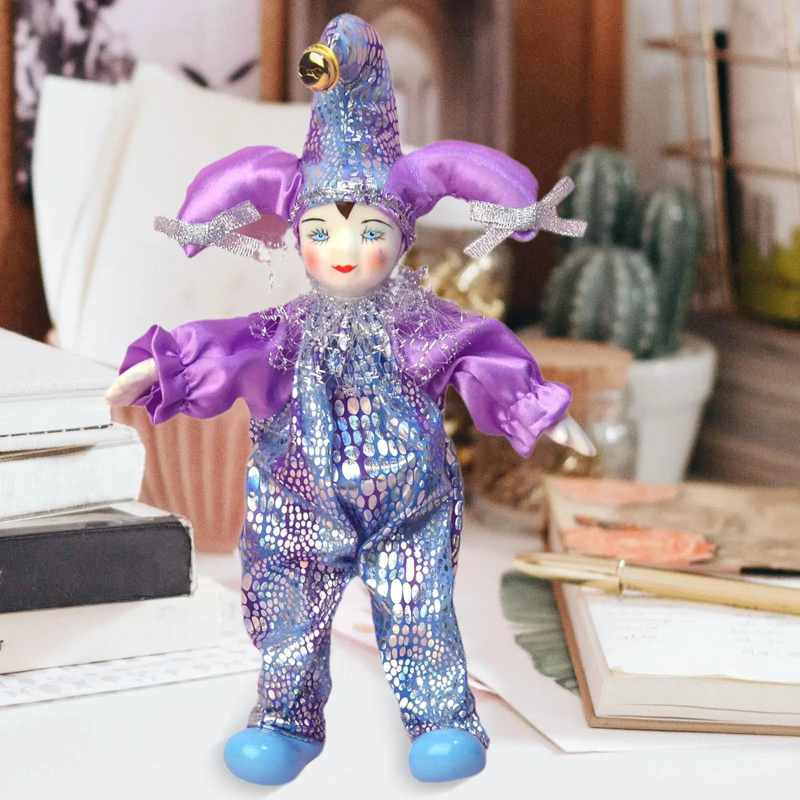 Porcelain Clown Doll Lovely Handpainted Can Sit and Stand Makeup Face Doll Collectible for Holiday Home Halloween Desktop Kids