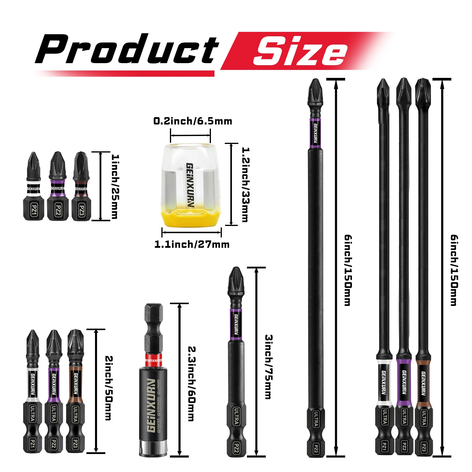 Geinxurn 54PCS 1“2”3"6"Impact Magnetic PZ1,PZ2,PZ3 Screwdriver Bit Set,S2 Alloy Steel Bit with Magnetizer/Demagnetizer with Base view 2