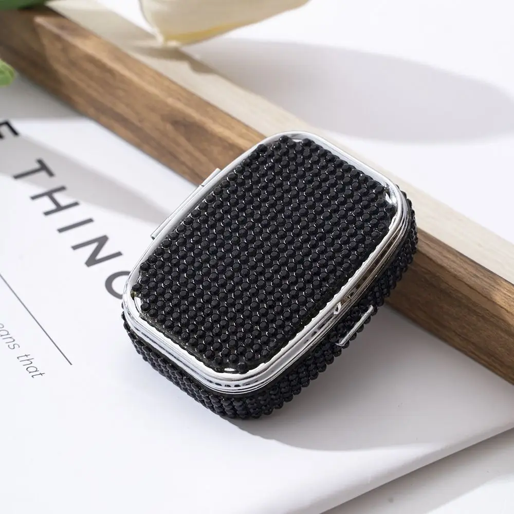 mit HD-Spiegel, mit Strasssteinen besetzte Schmuckschatulle, niedliches multifunktionales Mini-Pillendose, Kawaii, glänzend, versiegelt, Organizer für Reisen