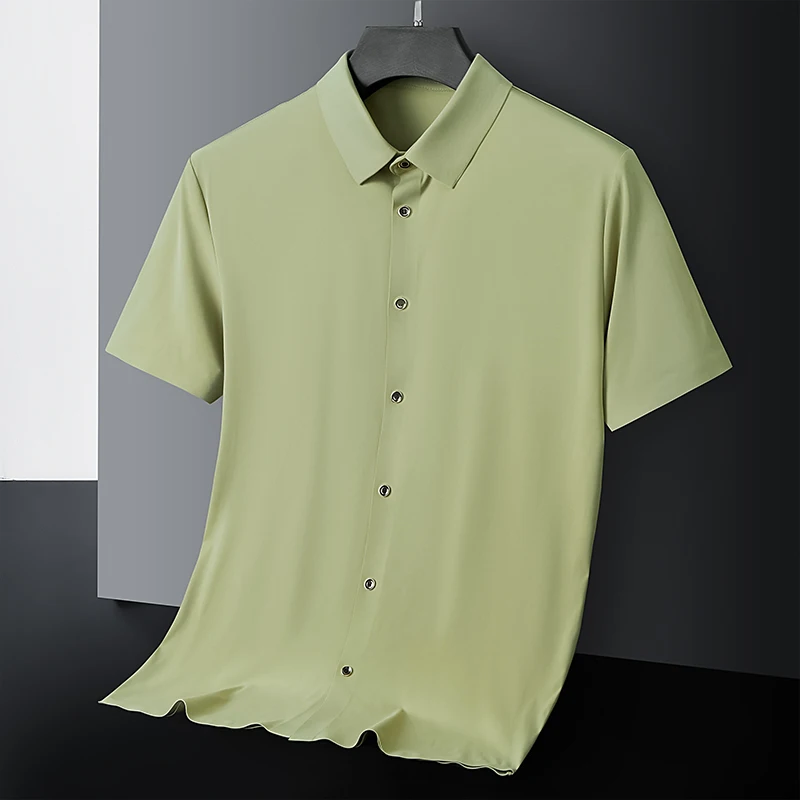 New High-quality Ice Silk Men\'s Business Casual Short Sleeved Shirt Summer Ultra-thin Breathable Outdoor Sports Solid Color Top