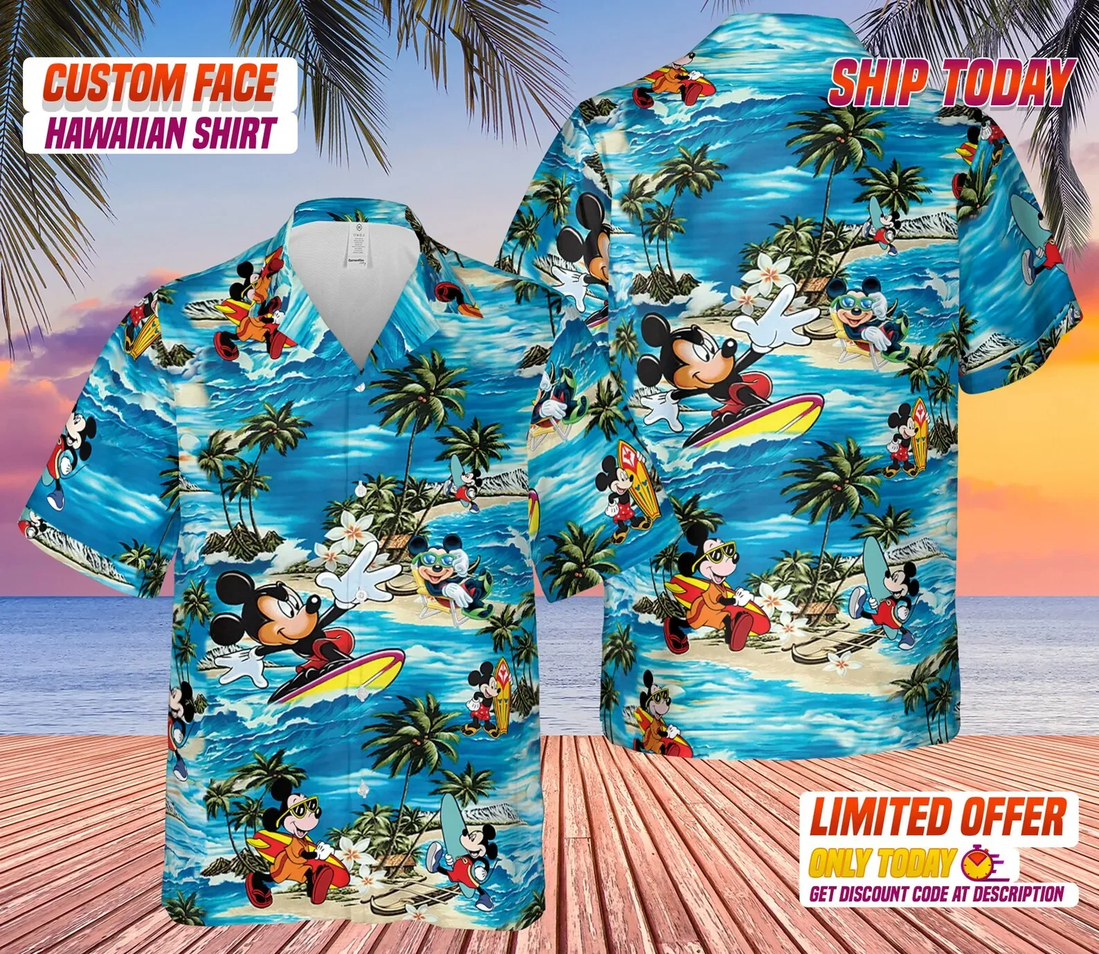 Camisa hawaiana de Mickey Mouse para hombre, camisa con botones, Floral Tropical de Disney, transpirable, para playa, novedad de 2023