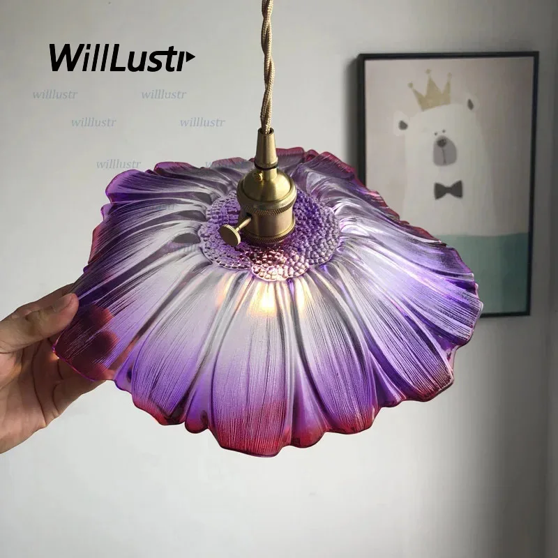 

Handmade Glass Flower Pendant Lamp Copper Suspension Light Base Hotel Bar Corridor Balcony Bedroom Hanging Ceiling Chandelier