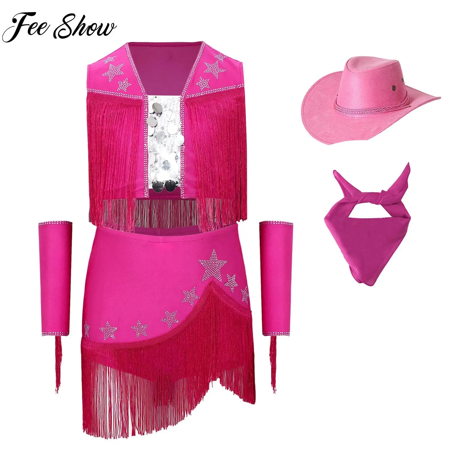 Kids Girls Halloween Cowgirl Costume Set Party Cowboy Dress-up Outfit Sleeveless Tassel Vest with Fringed Skirt And Hat Kerchief
