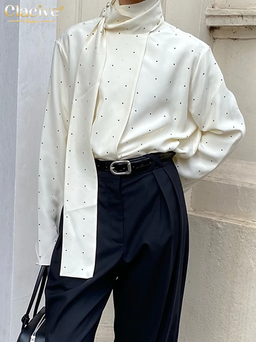 Clacive Fashion Loose Print Women Shirt 2025 Casual Stand Collar Long Sleeve Shirts Elegant Classic Lace-Up Top Female Clothing