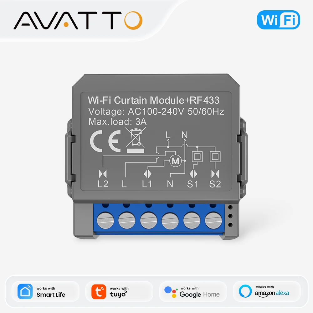 

AVATTO Tuya WiFi RF Smart Curtain Module for Roller Blinds and Curtains,Motorized Curtain Switch with Alexa Google Home