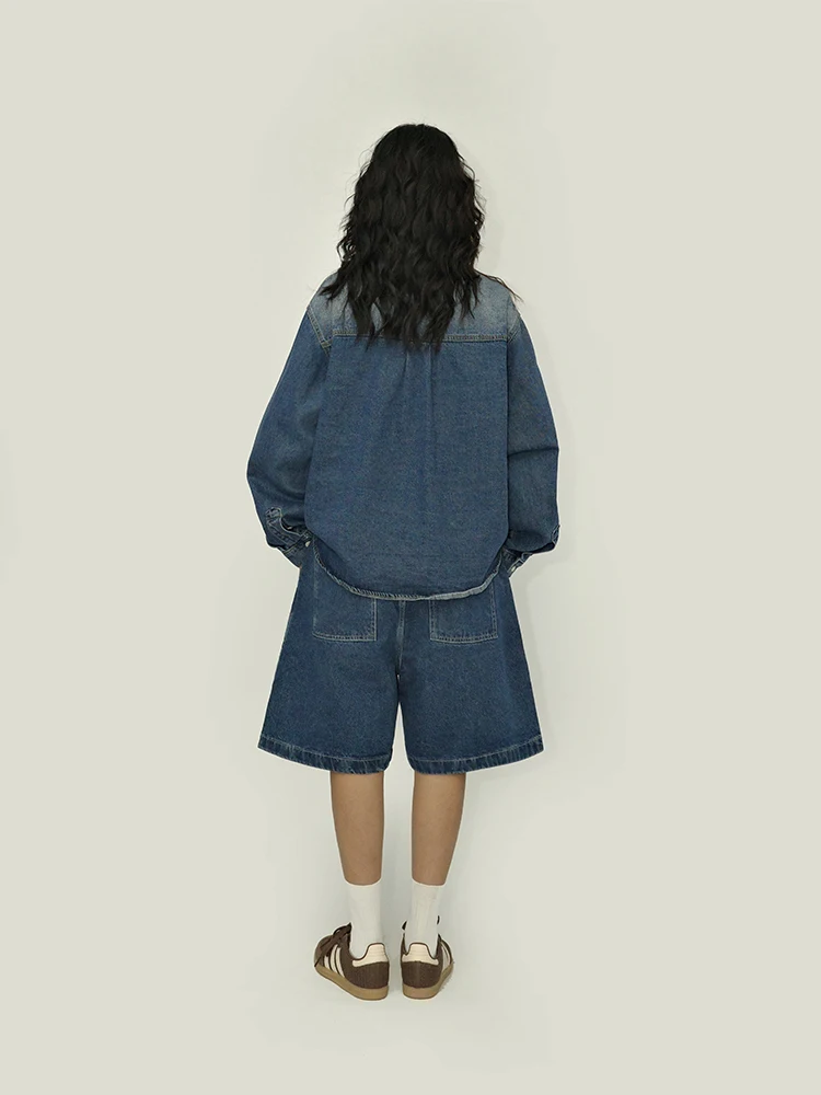 

Guluwoo American Style Loose Blue Denim Shirt Vintage Washed Streetwear Open Cardigan Cotton Polyester Blend Long Sleeve