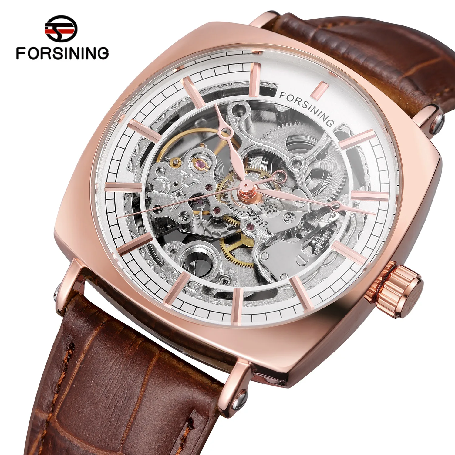 2024 Fashion Forsining Top Brand Genuine Leather Men\'s Automatic Mechanical Square Dial Casual Hollow Out Business Wrist Watches