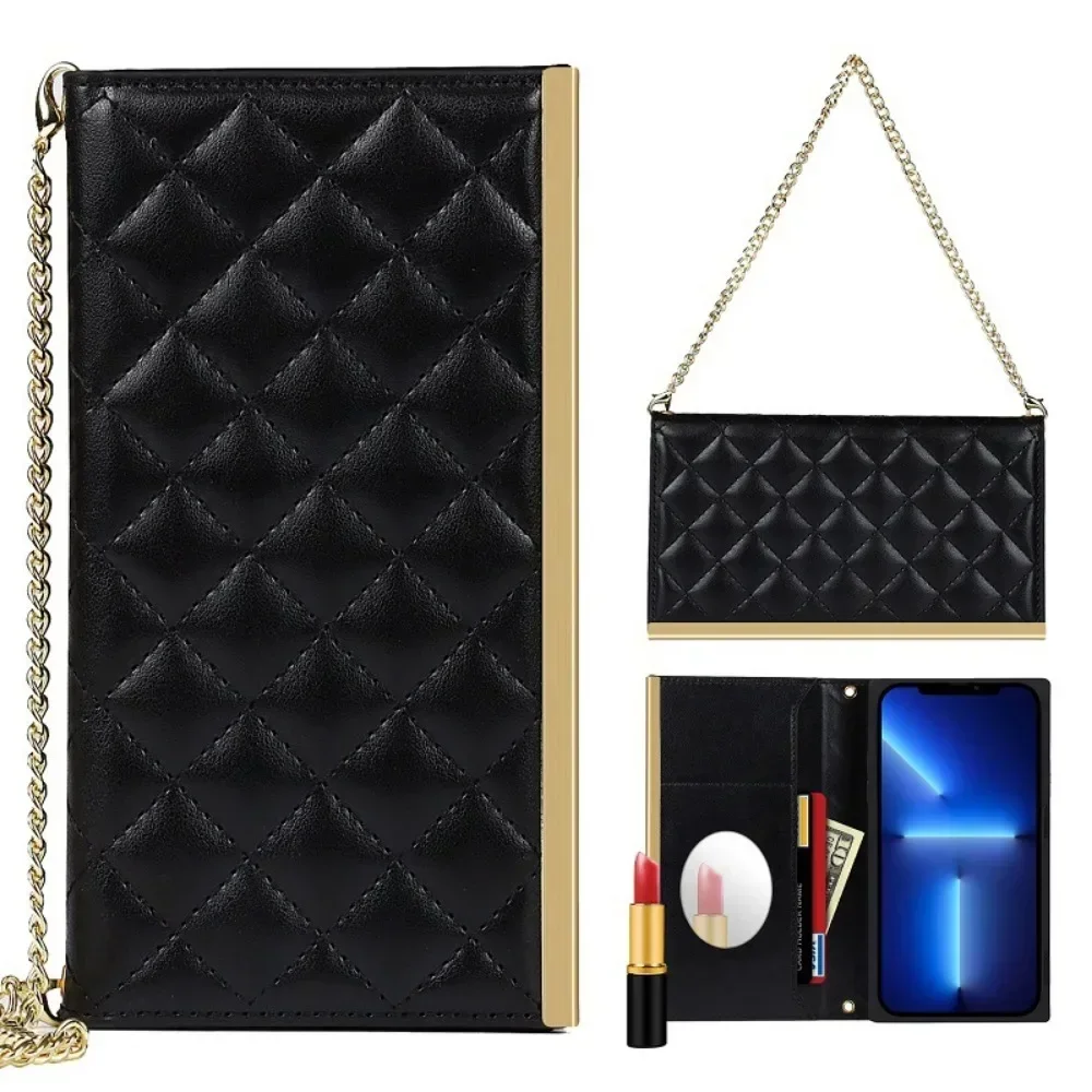 Diamond Chain Crossbody Leather Holster Shell of IPhone 14 Pro MAX 13 Mini 12 11 Flip Fation Card Insertion Wallet Phone Case