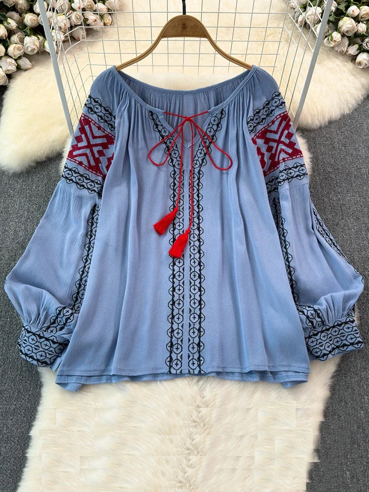 2024 Spring Retro Embroidered Shirt Top Female Lace Up Tassel Loose Lantern Sleeves Ethnic Style Blouse Female A46