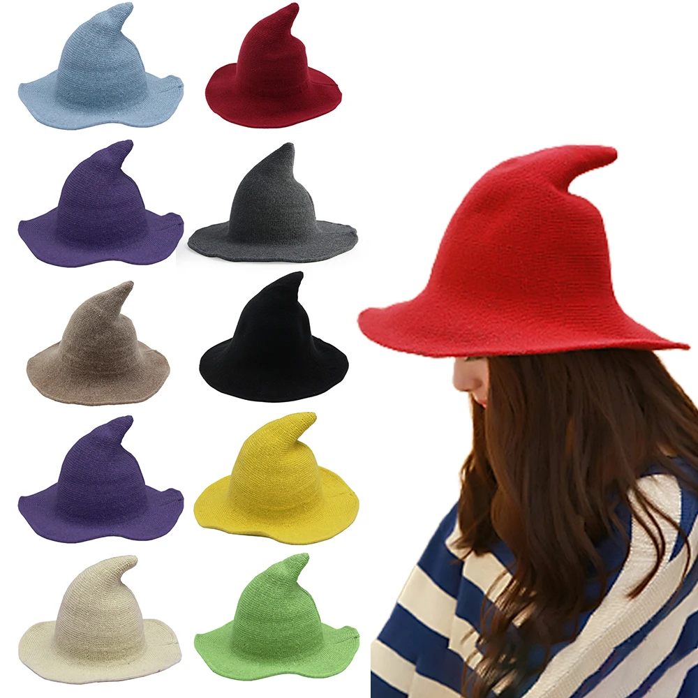 Chapeau de Sorcière d'Halloween en Laine Tricotée pour Adulte et Enfant, Couleur Unie, Robe de Barrage de ix, Capuchons Pointus, Habille, Accessoires de Cosplay