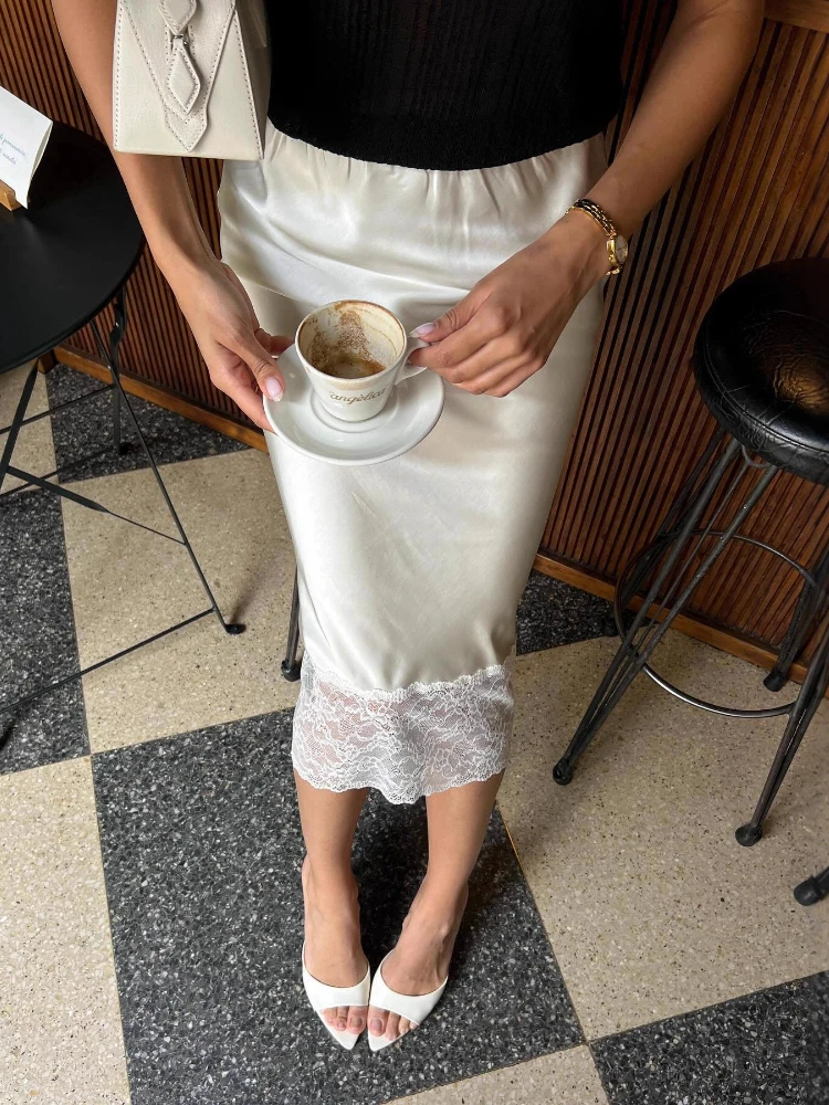 

FDYOUI Lace Patchwork Satin Skirts Women's Elegant Fashion Mid-calf Skirt Female Slim Evening Party Outfit Vacation Streetwear