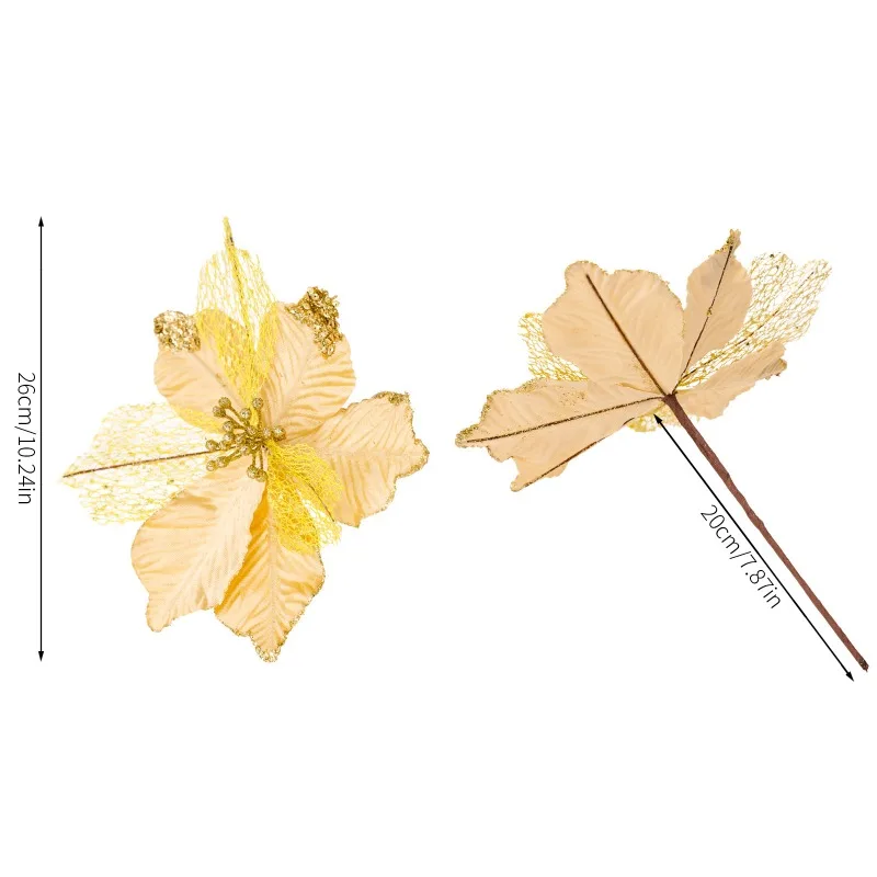 Christmas Decorations, Golden & Red Artificial Poinsettia, Handmade Maple Shaped Decorative Flowers Poinsettia Hanging Ornaments