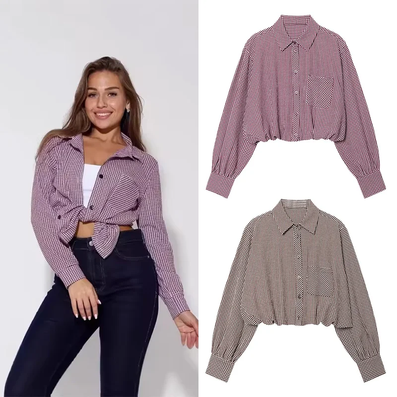 

Women's Gingham Puffball Shirt New 2026 Spring Long Sleeve Elastic Trim Women Shirts & Blouses with Puffed Hem Lady Chic Tops