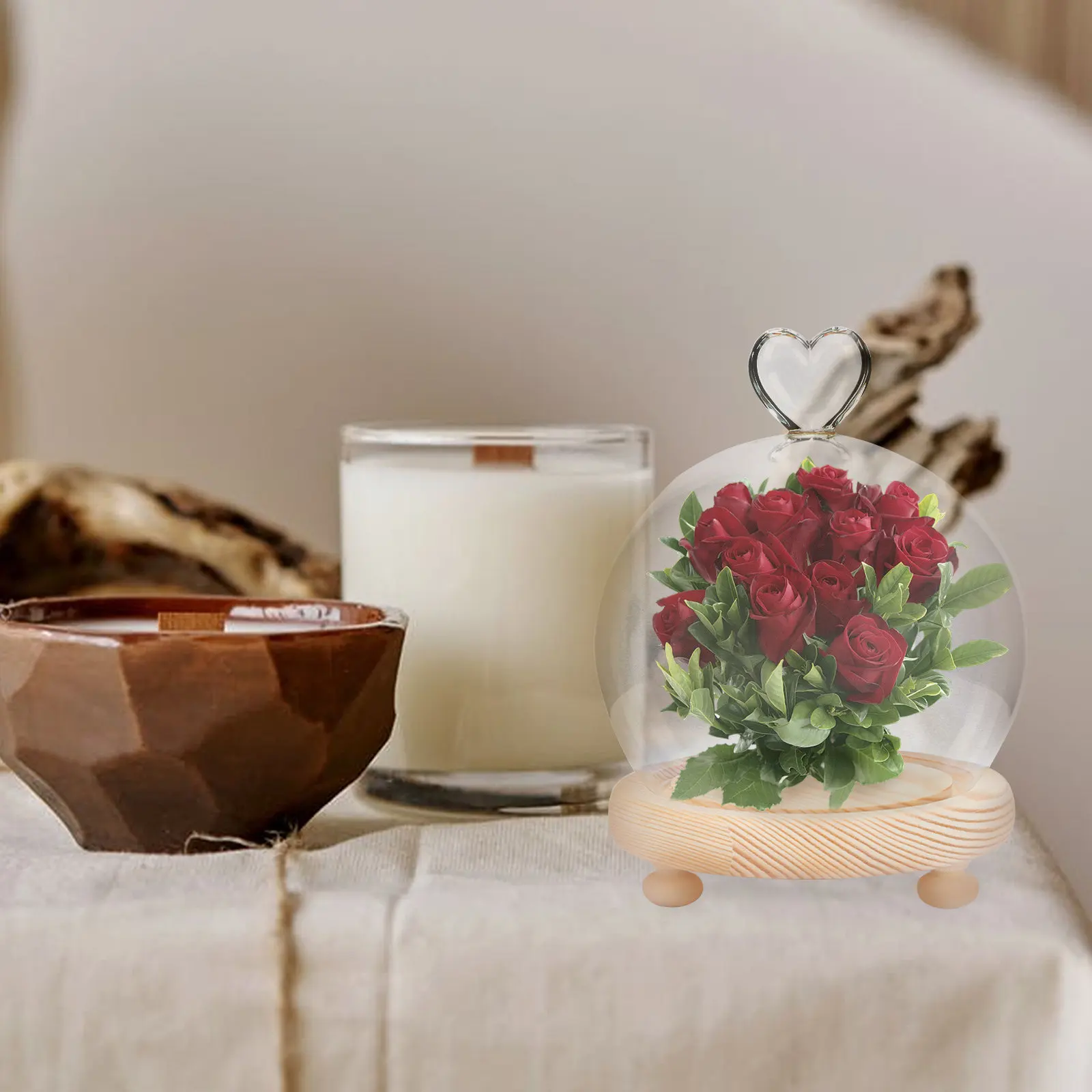 

1Pcs Love Heart Glass Cover Desktop Luminous Decor Preserved Flower Adorn Indoor Scene Craft Ornament Gift Desktop Decor