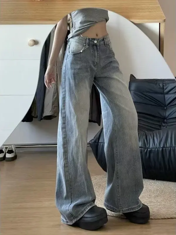 

American Style High Waist Wide Leg Denim Jeans Women's Spring Loose Fit Flattering for Pear Shaped plus Size MM Long Pants