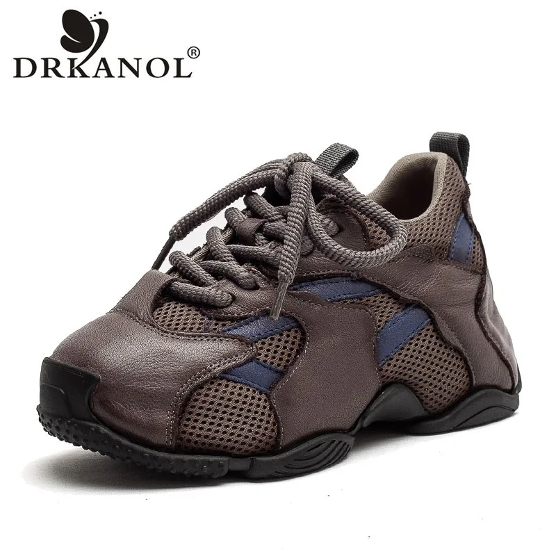 

DRKANOL 2026 Retro Style Women Casual Sneakers Spring Summer Cow Leather Air Mesh Lace-Up Height Increasing Ladies Dad Shoes