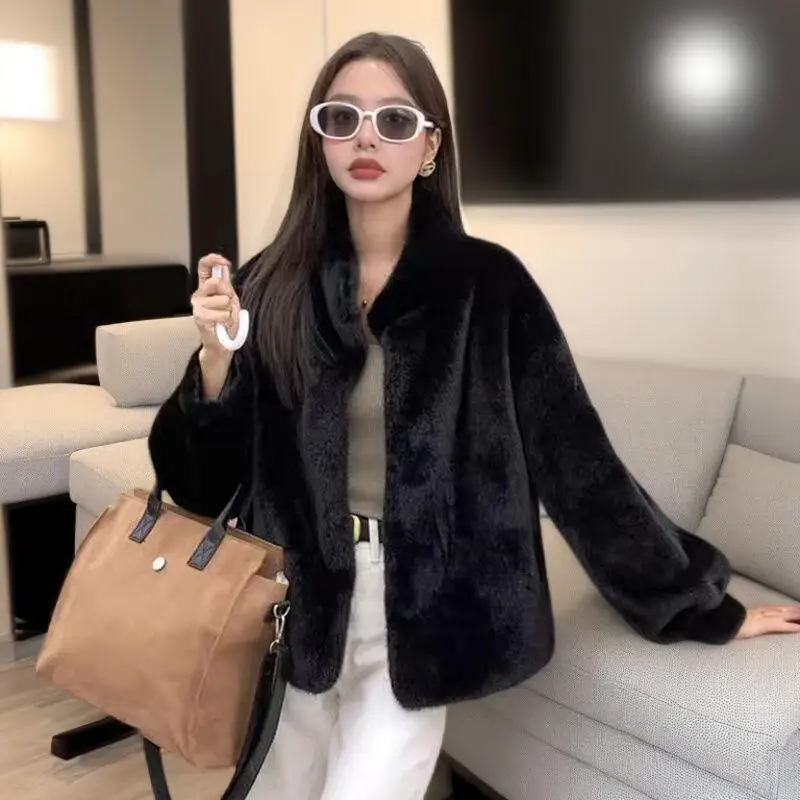 Abrigo elegante de felpa de invierno para mujer, chaqueta Retro suave con cuello levantado a la moda, abrigo de manga larga con temperamento para mantener el calor