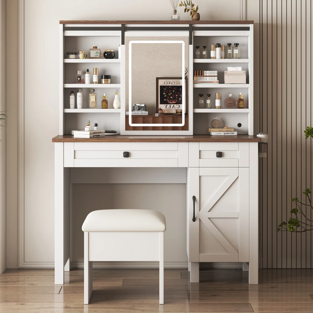 Makeup Vanity with Sliding Mirror, Light, Hairdryer Holder and Charging Socket, 2 Drawers and Large Storage Dressers