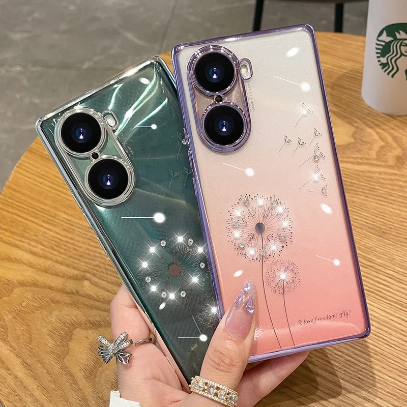 Diamond Plating Case for Huawei Honor 70 60 50 Pro P60 P50 P40 Mate 40 Dandelion Jewelled Rhinestone Clear Soft Cover Woman Girl