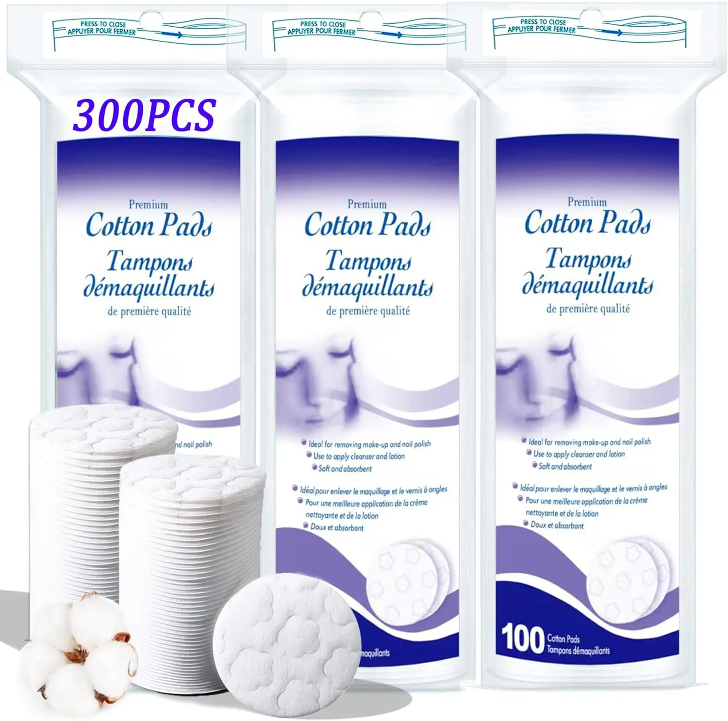 

Premium Organic Cotton Rounds Lint Free Makeup Remover Pads 300 Count