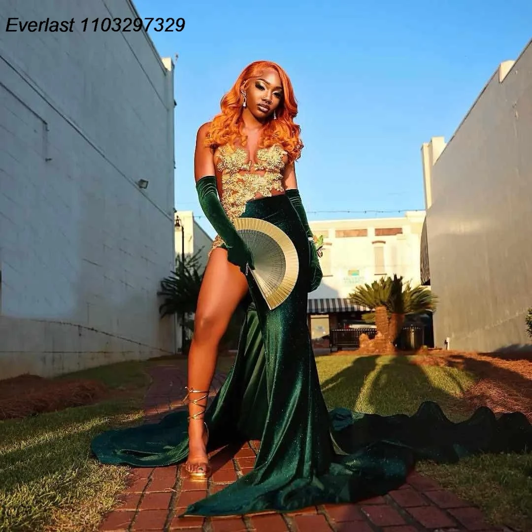 EVLAST Customized Emerald Green Velvet Prom Dress For Black Girls Gold Crystal Beaded High Slit Party Birthday Gala Gown TPD152