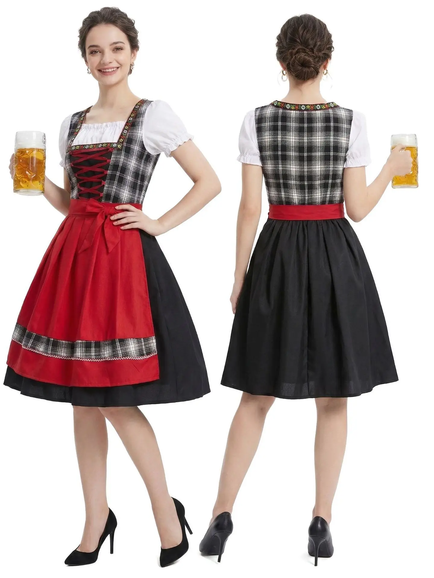 

Traditional Bavarian Dirndl Skirt Three-Piece Set Halloween Costume Oktoberfest Stage Performance Outfit Polka Dot Design