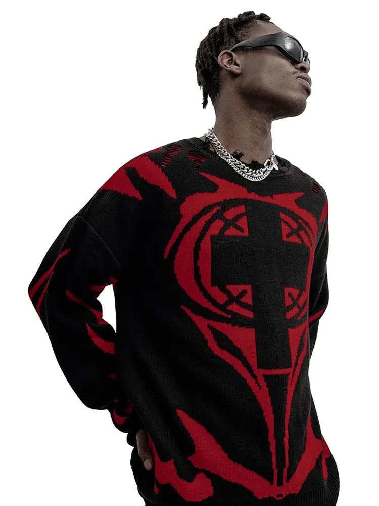 Men\'s Sweater Winter Pullover Knitwear Oversized Gothic Long Sleeve Tops Korean Graphic Streetwear Y2k Vintage Jumper Clothing