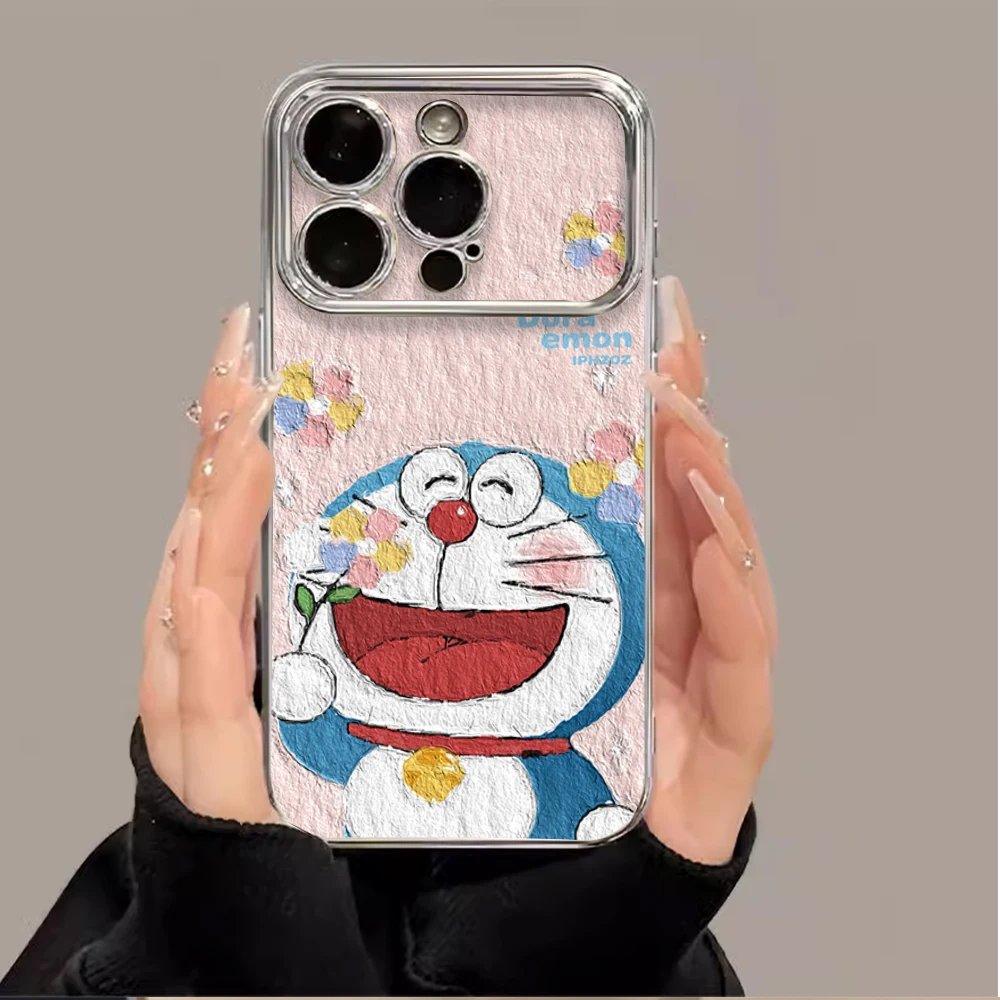 Lovely D-Doraemons Oil Painting Luxury Electroplated Large Window Phone Case For Samsung A22 A23 A32 A51 A20 4G 5G Shell