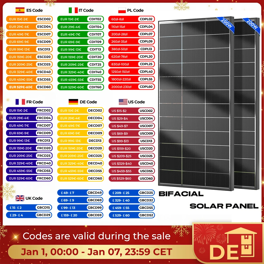 RVPOZWER 400W/200W 12V panneau Double face panneaux de systèmes solaires monocristallins 16BB cellules solaires alimentation PV pour bateau sur le toit à la maison