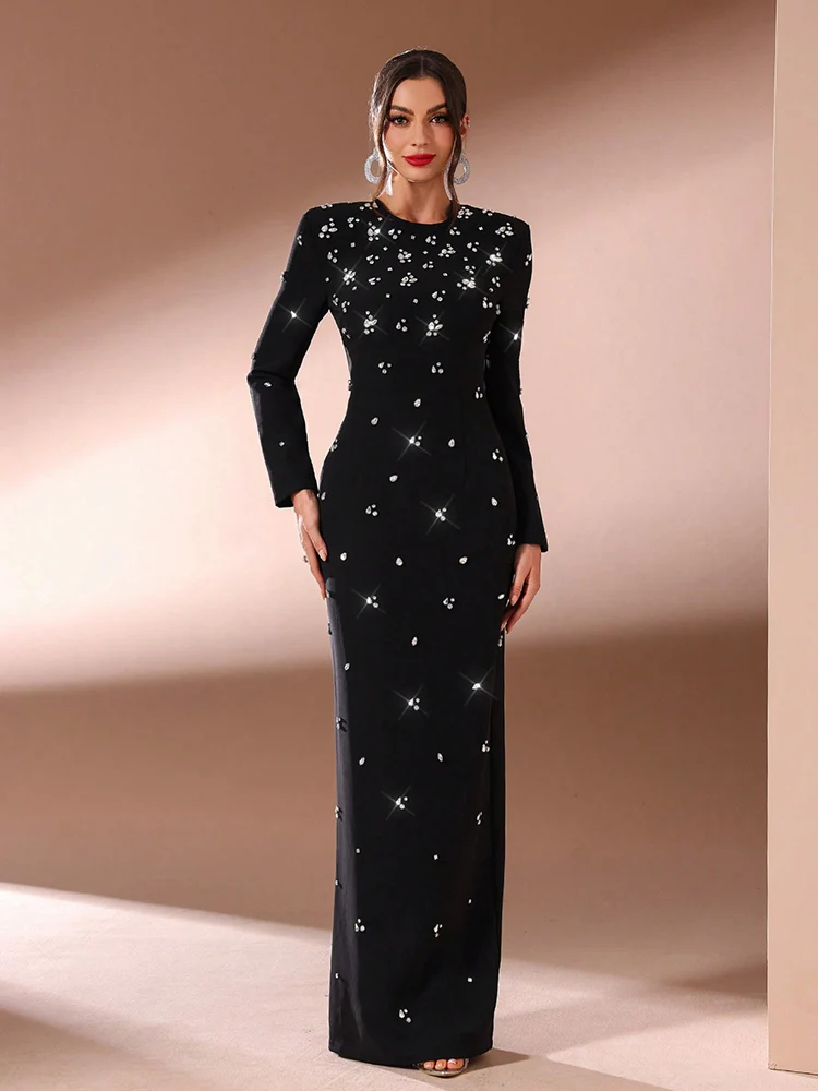 TOLEEN Women Solid Color Rhinestone Decorated Casual Long Sleeve Dress 2024 New Luxury Elegant Formal Party Evening Maxi Dresses