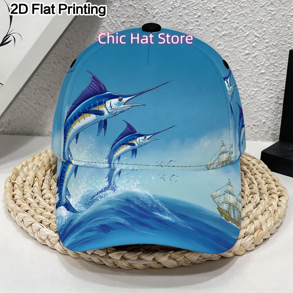 2D Flat-1pc Swordfish Jumping Over Waves Printed Duckbill Cap, Non-Stretch, Lightweight Casual Style, Universal Baseball Cap for