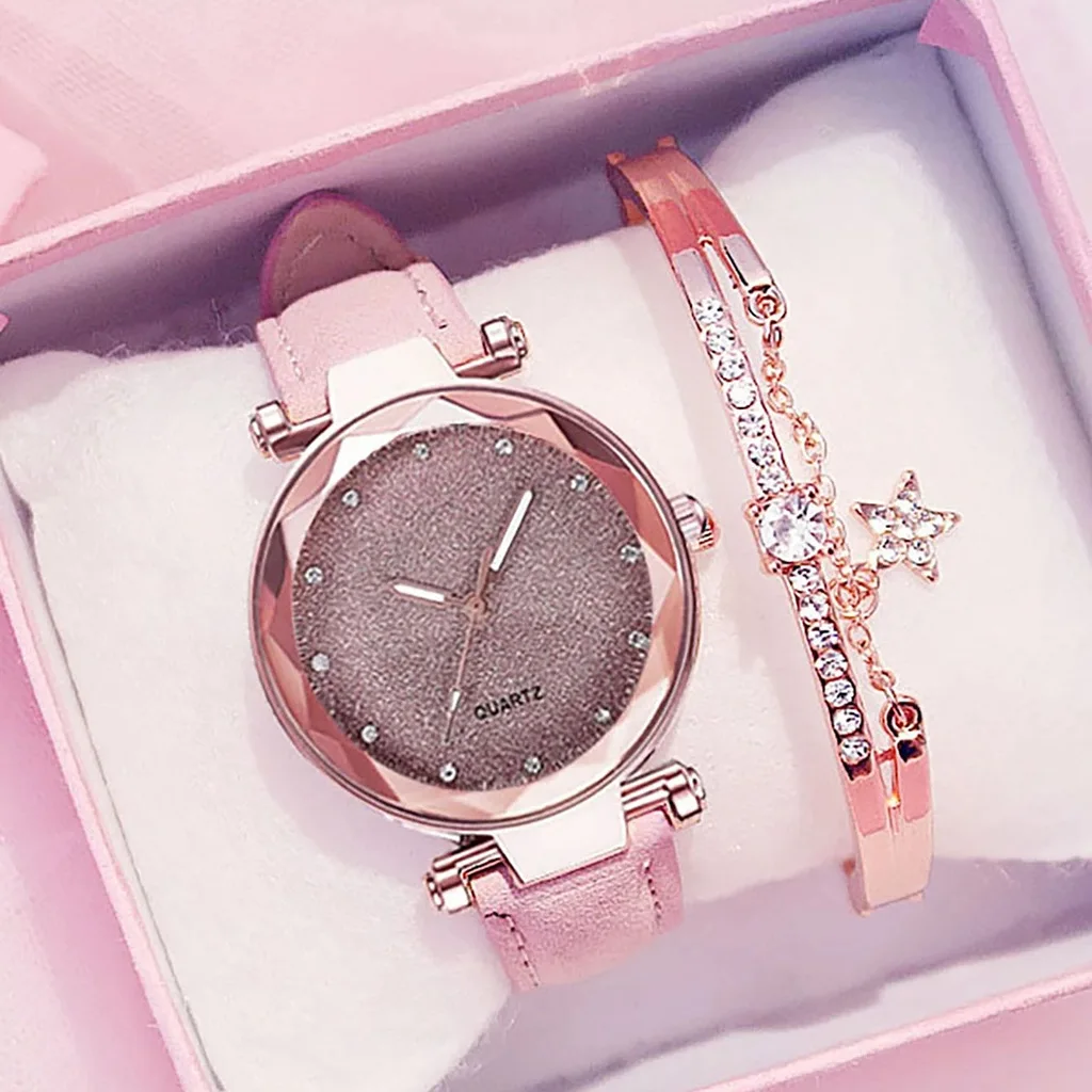 

2023 Starry Sky Women Watch Bracelet Ladies Wristwatch Pink Female Girls Clock Fashion Leather Simple Watches Reloj Mujer Rosa