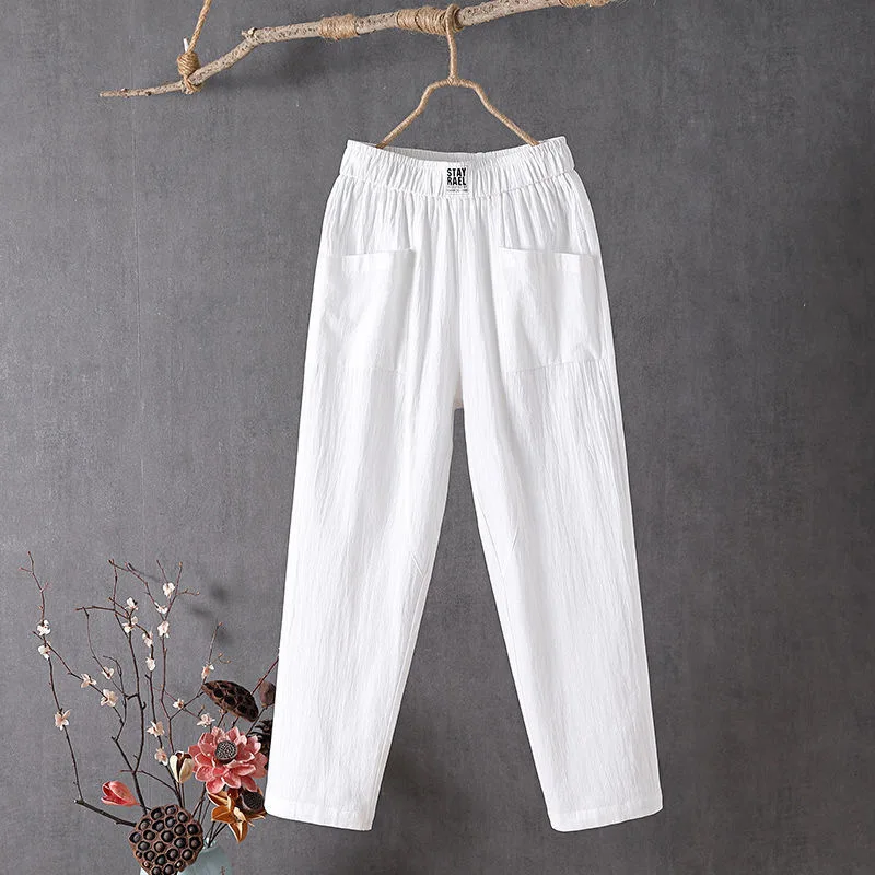 Cotton and Linen Casual Pants For Women Korean Style Solid Loose Straight Pants Summer Thin Nine-Point Harem Pants White Red