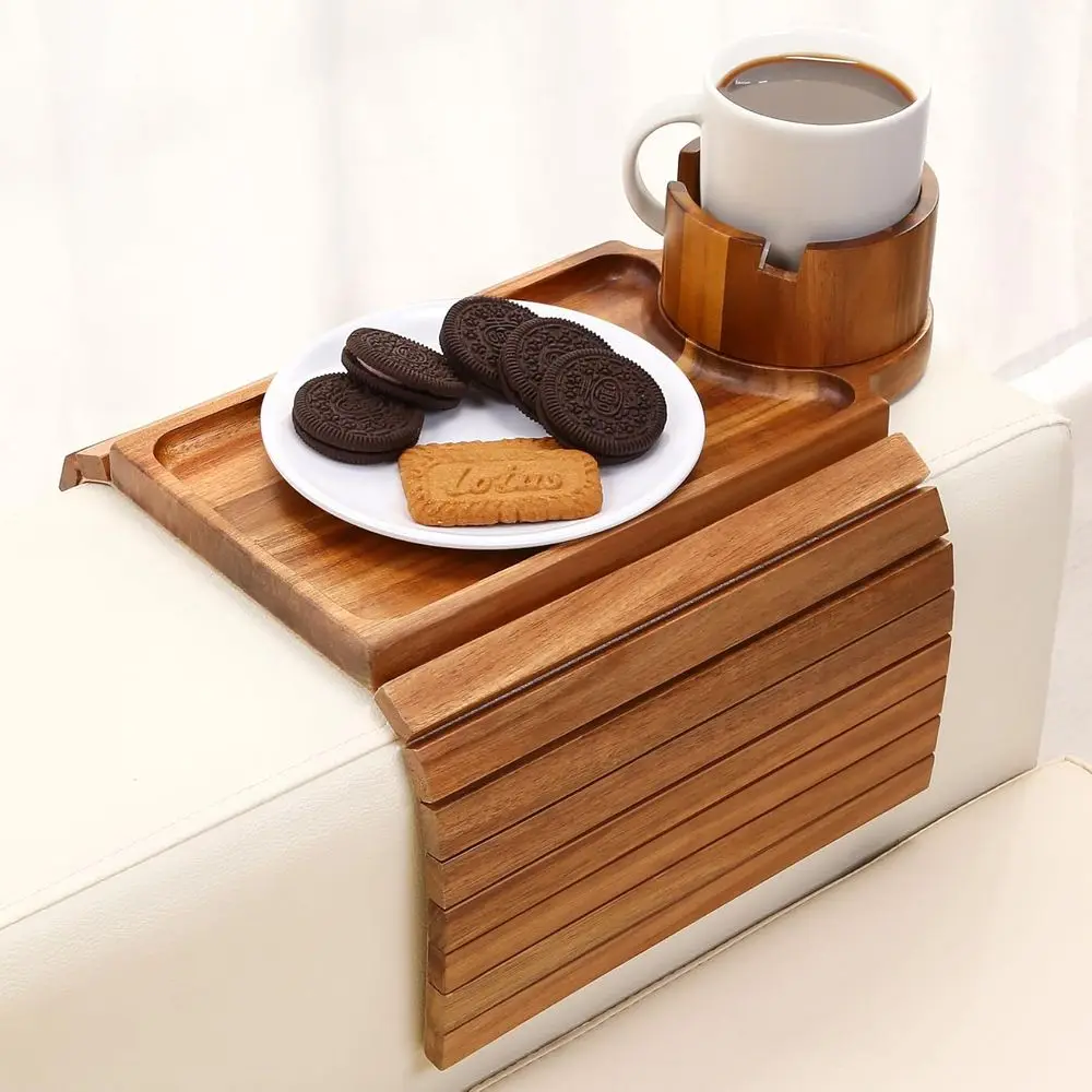 

Вращающийся подлокотник из дерева акации для дивана, складной и противоскользящий, идеально подходит для напитков, закусок и дистанционного управления.