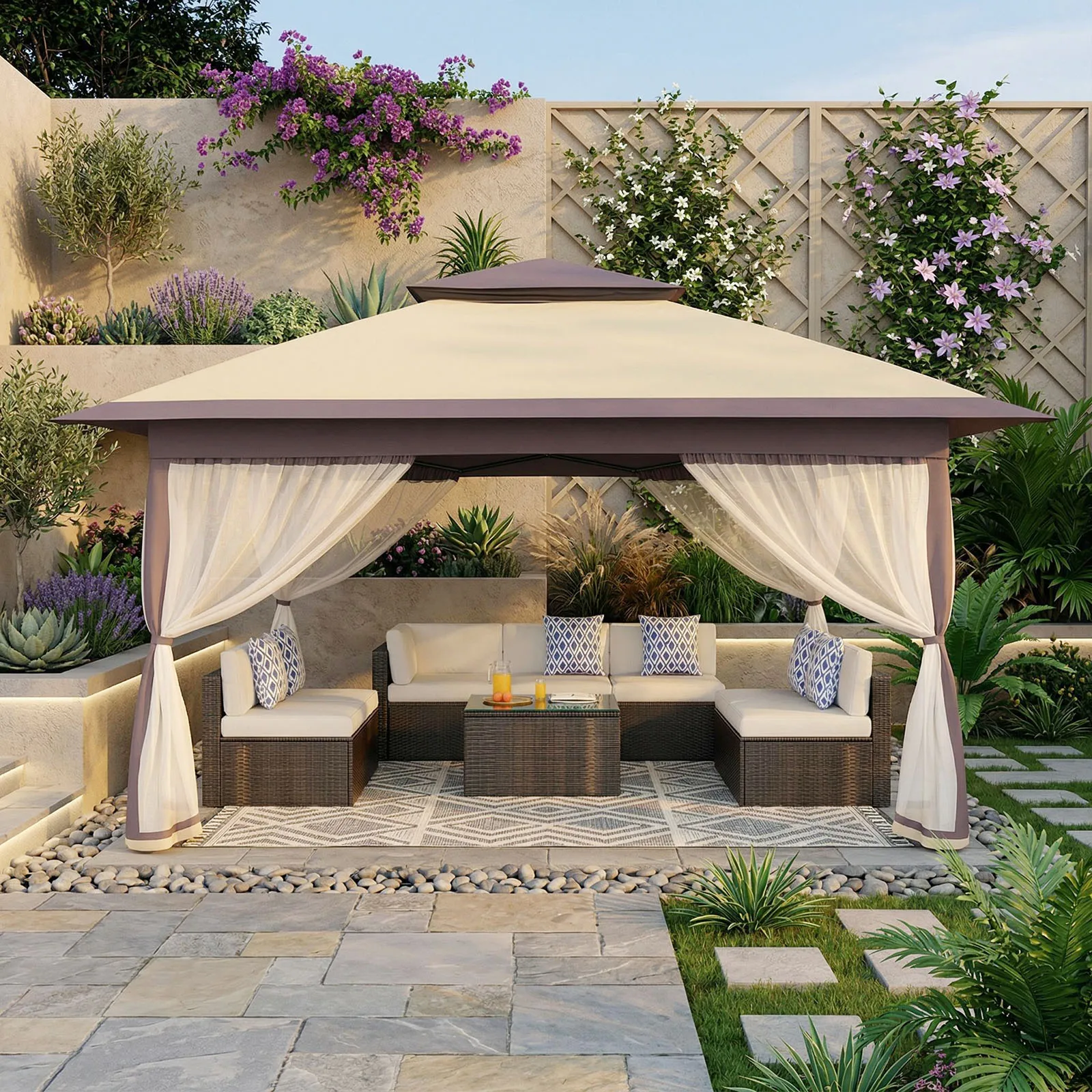 Auvent portable 3x3M - Tente de jardin imperméable avec moustiquaire, double toit, hauteur réglable pour patio, jardin, événements en plein air