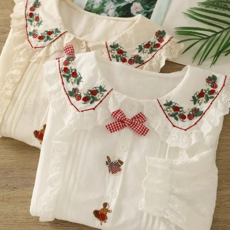Kimotimo Japanese Lolita Blouse Women Mori Girl Sweet Embroidery Peter Pan Collar Shirt Long Sleeve Ruffle Eyelet Lace Y2k Tops
