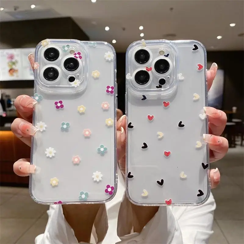 Love Heart Daisy Clear Case For Samsung Galaxy S24 Ultra S23 Plus S20 FE A54 A53 A31 A12 A14 A51 A32 A52 A52S A05 A04 A04E Cover