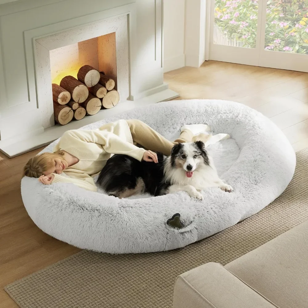 

Dog Bed with Memory Foam Supportive Mat and Storage Pocket, Fluffy Faux Fur Orthopedic BeanBed, Fits Pet Families Dog Bed