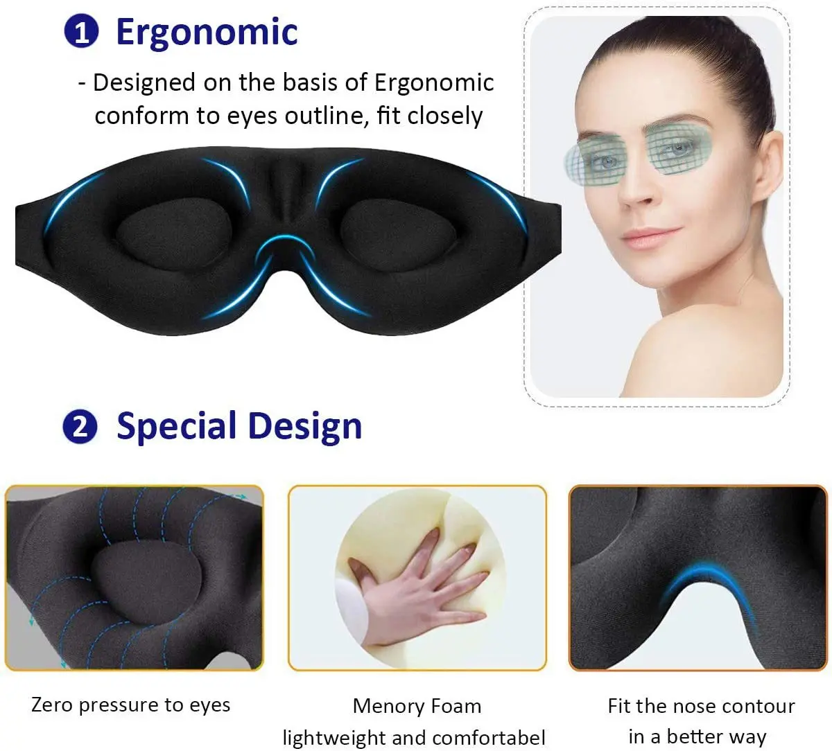 Eye Mask for Sleeping 3D Contoured Cup Blindfold Concave Molded Night Sleep Mask Block Out Light with Women Men