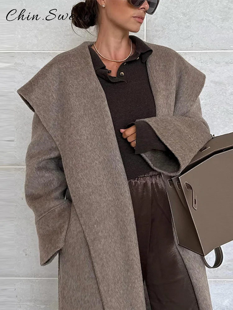 Abrigo de lana elegante con cuello tipo chal y cinturón para mujer, abrigos holgados de manga larga con bolsillos para mujer, prendas de vestir para ir al trabajo para Otoño e Invierno 2025