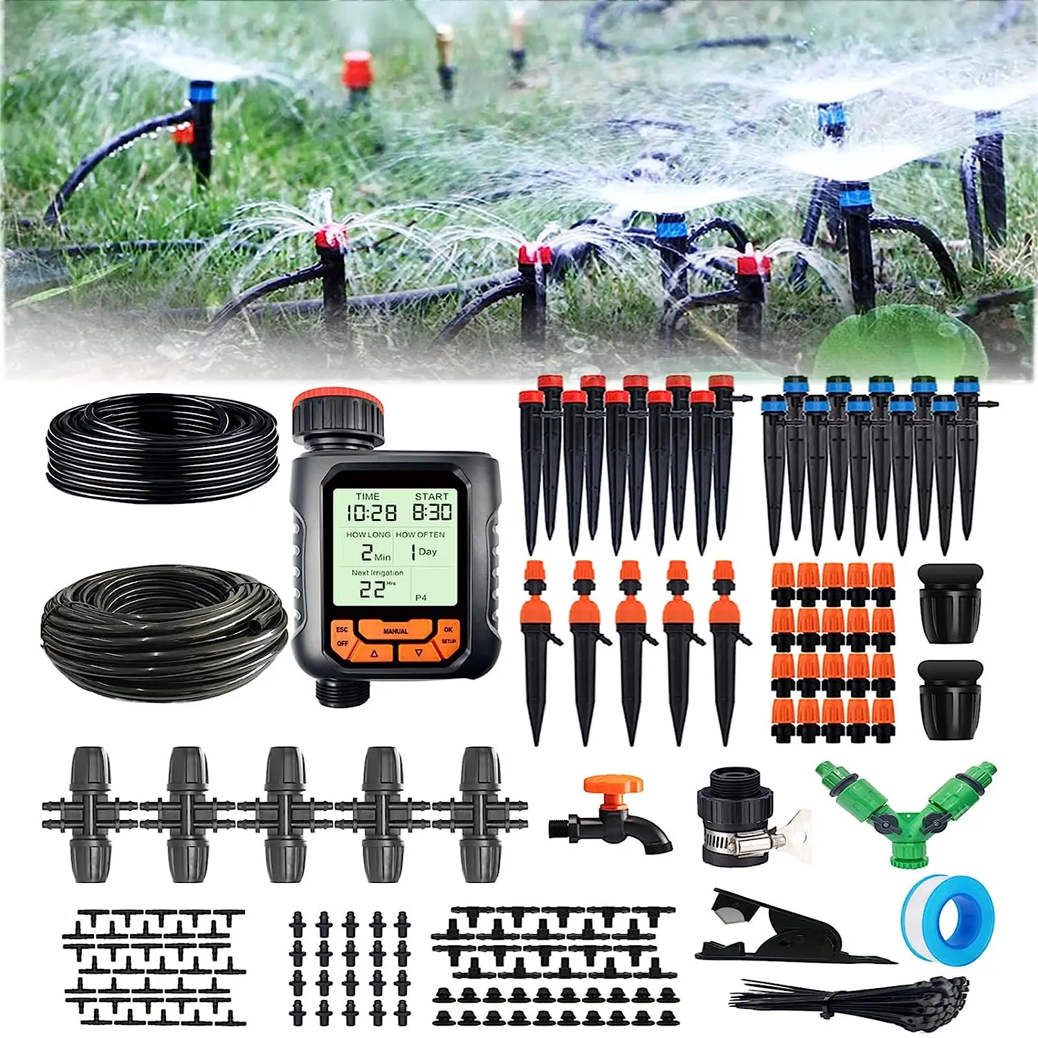 

266FT Drip Irrigation Kit Four Type Watering Methods with 8/11mm Main Hose - 1/4 Branch Tubing for Garden Yard Lawn Greenhouse